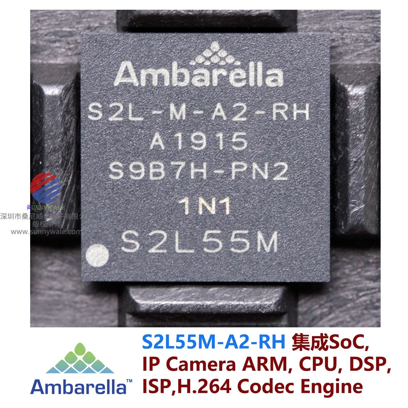 S2L55M-A2-RH, 安霸Ambarella集成系统芯片平台SoC，进阶型网络监控摄像机IP， 摄像机600Mhz ARM， Cortex-A9 CPU， 高性能数字信号处理(DSP)子系统、图像传感器管道(ISP)， 高清H.264编解码引擎