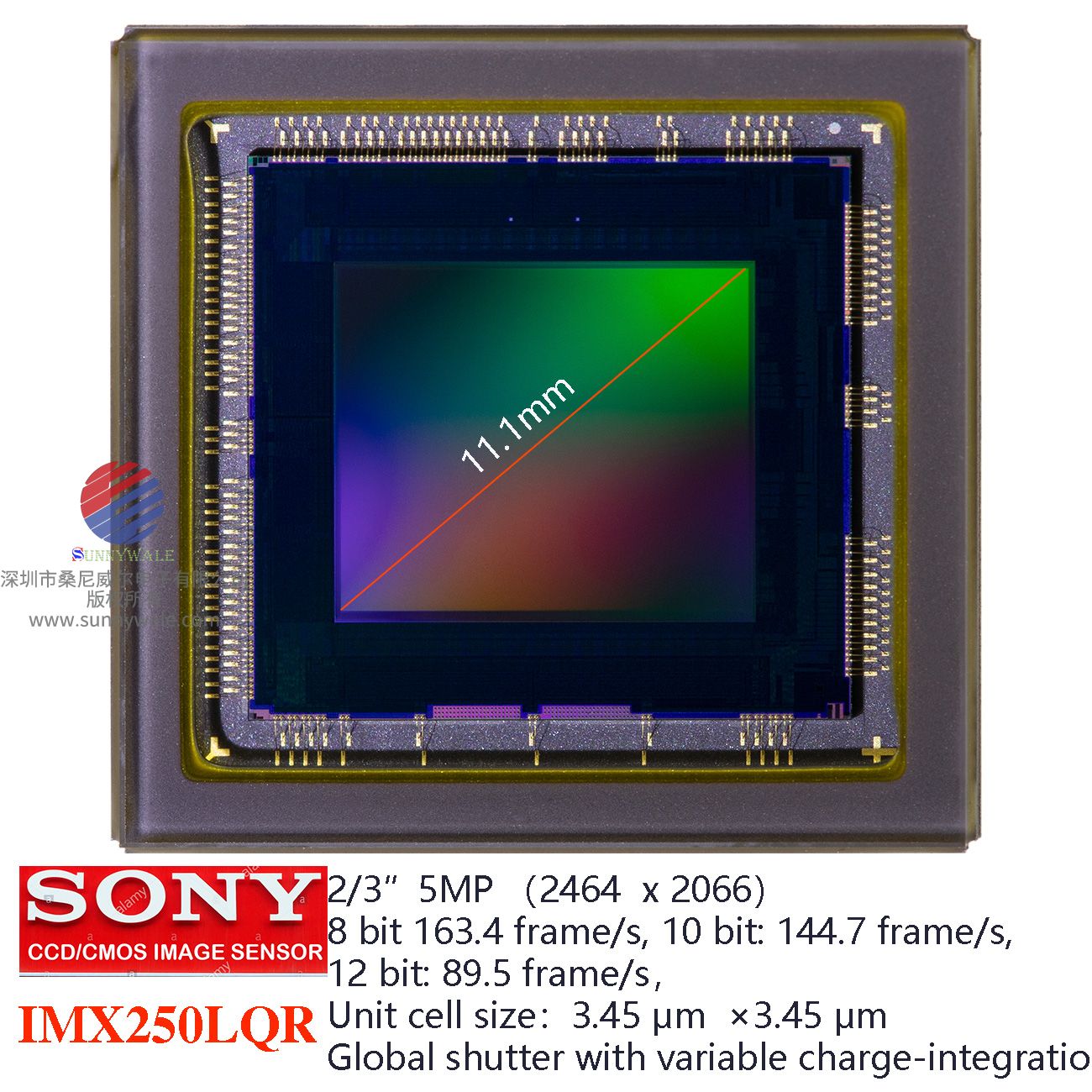 IMX250LQR-C， 索尼CMOS传感器，SONY 2/3 CMOS SENSOR , 5百万像素，5MP，全局快门，CMOS图像传感器，用于彩色高速工业相机感光芯片，大像元高帧率高像素